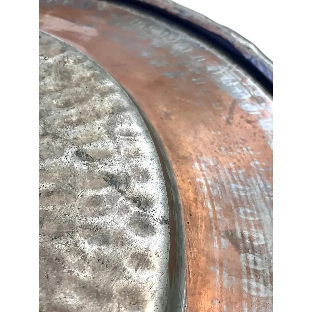Vintage Hammered Copper Platter Large Turkish Bowl Tinned Rolled Edge 15 In